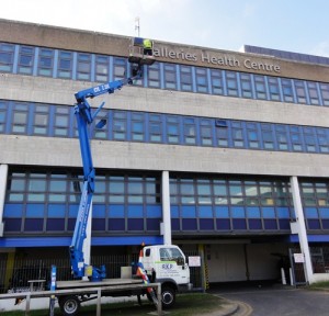 Pigeon spikes being fitted using a MEWP at Washington Health Centre